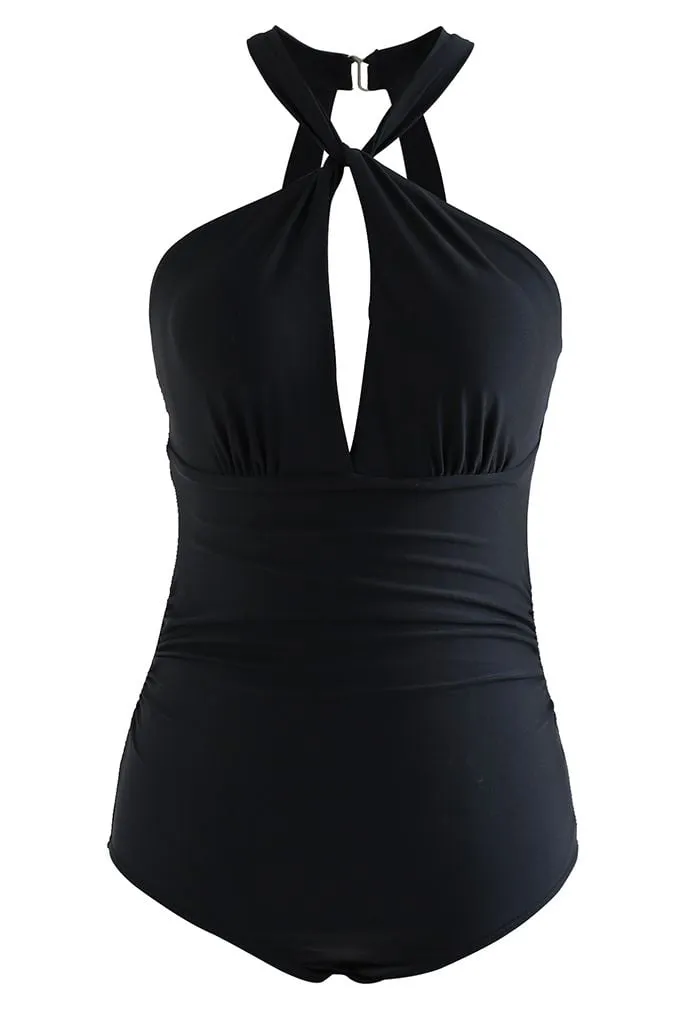 Neckholder Cut Out Badeanzug mit offenem Rücken in Schwarz