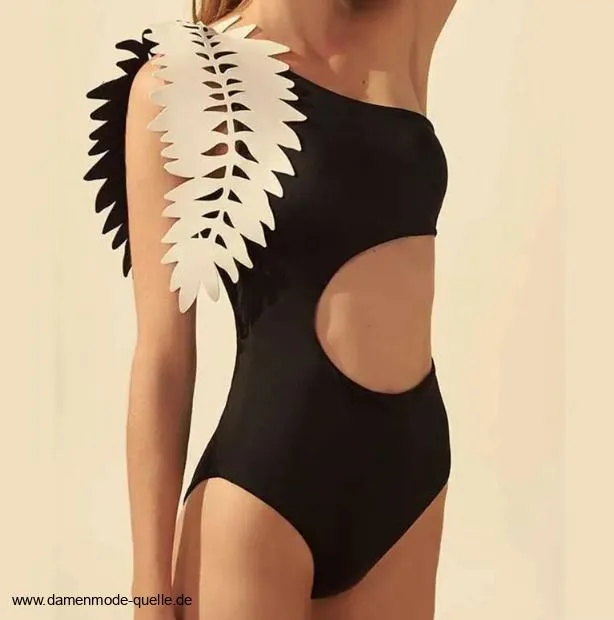 Sexy One Shoulder Damen Badeanzug Blumen Schwarz Weiß