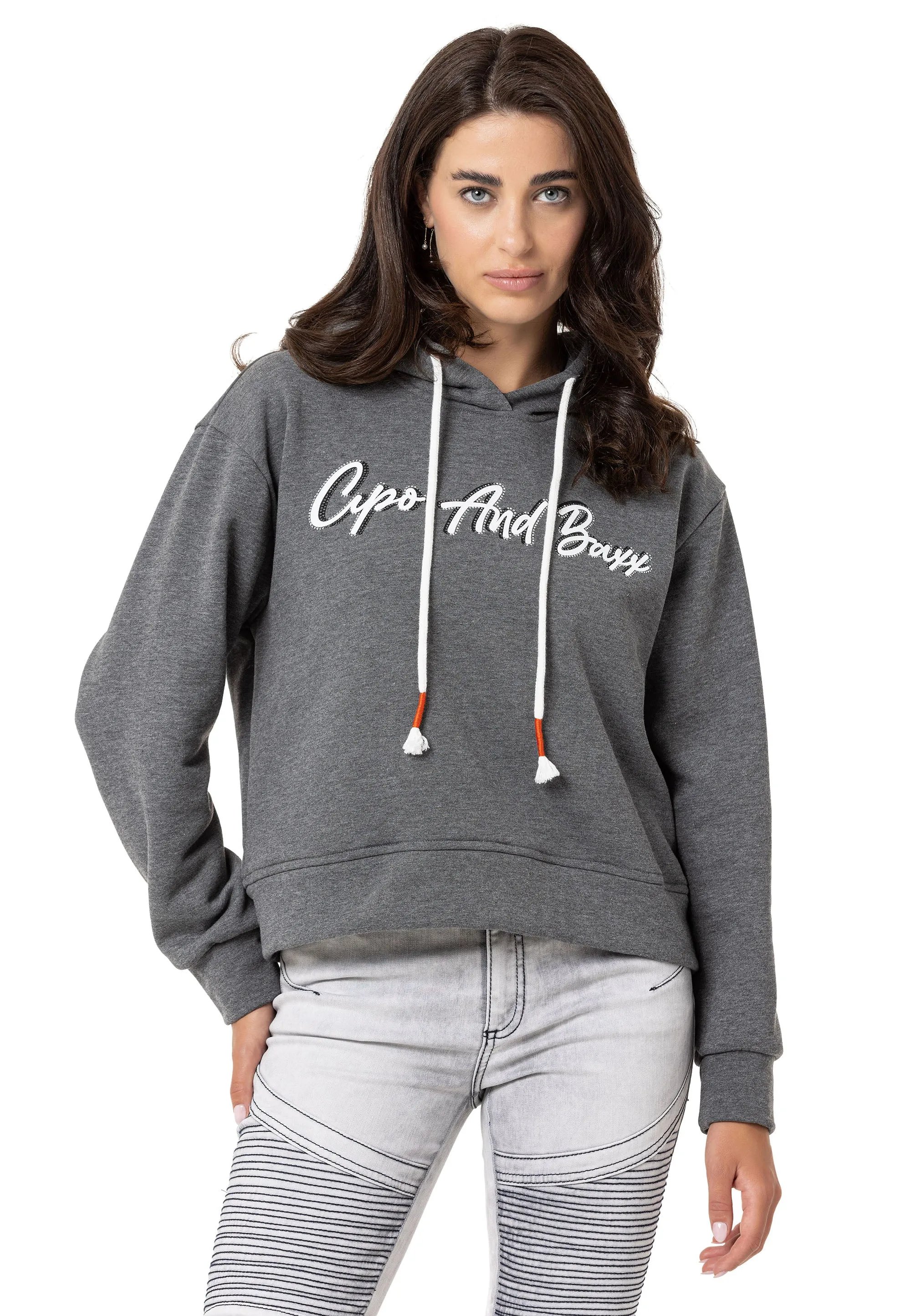 WL351 Damen Kapuzensweatshirt mit trendiger Strass-Markenstickerei
